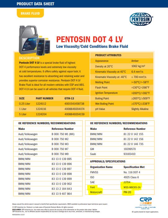 Pentosin DOT 4 LV Motor Vehicle Brake Fluid Low Viscosity 8.45 Oz